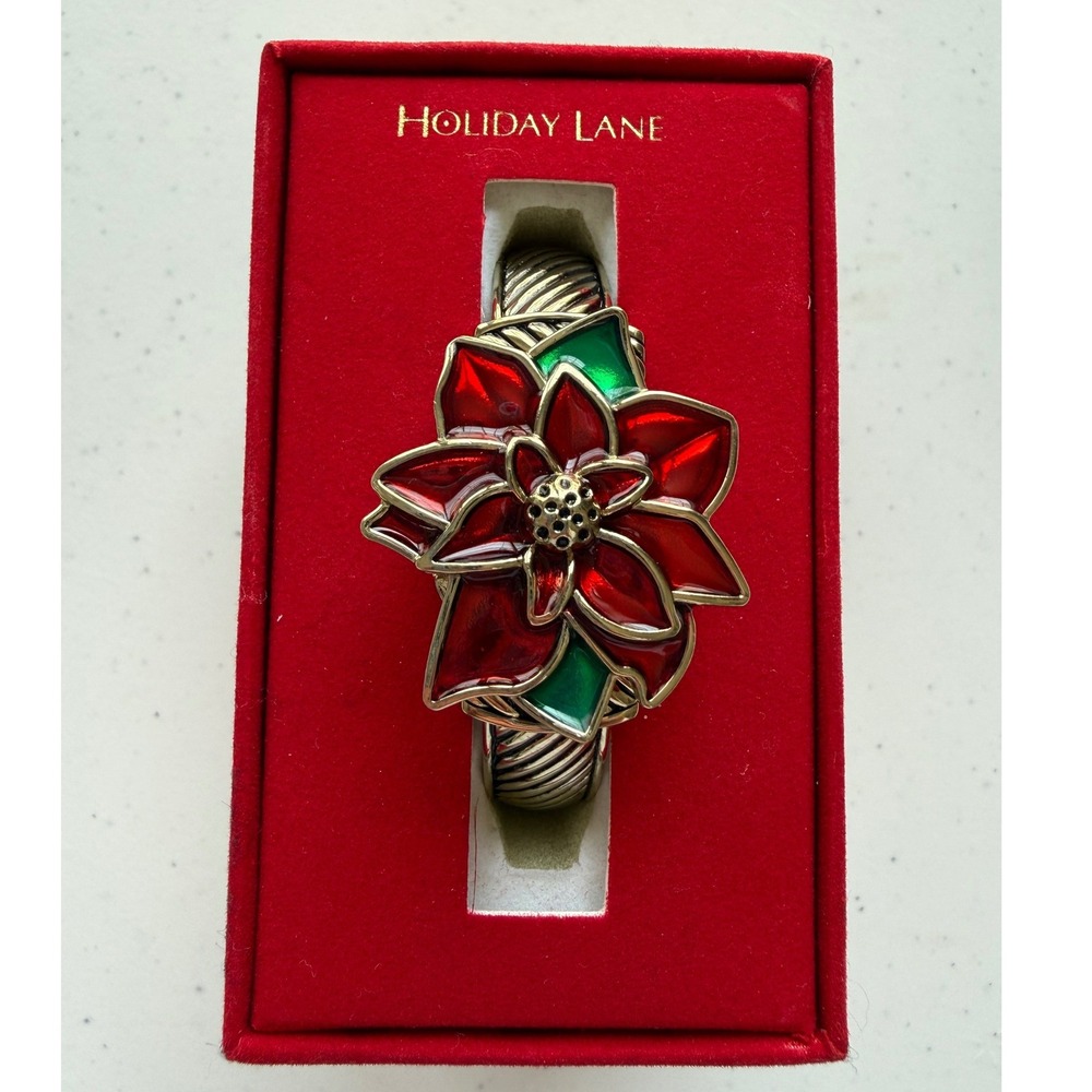 New Poinsettia Cuff Gold Tone Hidden Watch Bracelet Enamel Christmas Festive